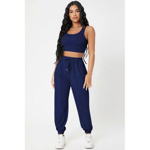 Kadın Laciver Premium Görünümlü Kaşkorse Cepli Jogger Eşofman Altı Ve Crop Top Bluz Takımı