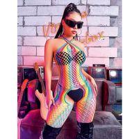 Gökkuşağı Desenli Fileli Fantezi Vücut Çorabı