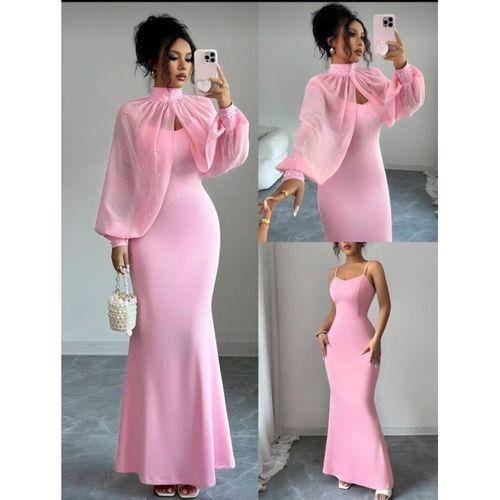 Kadın Balıkçı Yaka İnci Ve Tül Detay Dalgıç Kumaş Maxi Boy Elbise