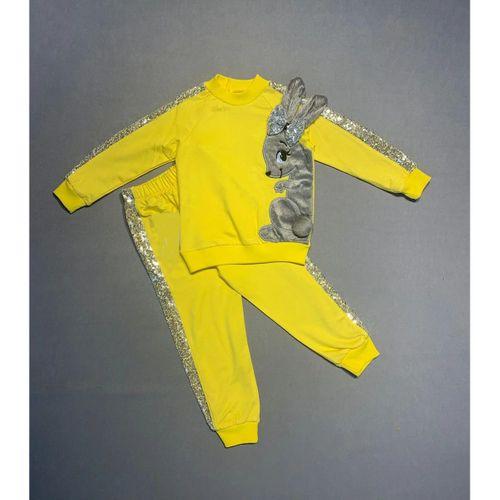 1-2-3 Yaş Payetli Pelüş Tavşan Desenli Likra Penye Kumaş Sweat Pantolonlu Kız 2li Çocuk Takımı Sarı