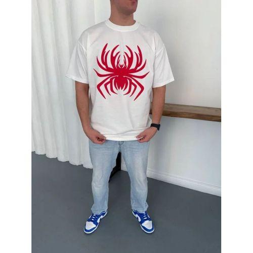 Erkek Örümcek Baskılı Tişört Kısa Kollu Bisiklet Yaka T-Shirt - Beyaz