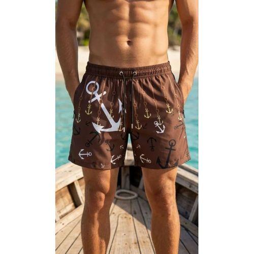 Erkek Deniz Şortu Fermuarlı Cepli File Astarlı Hızlı Kuruyan Premium - Kahverengi