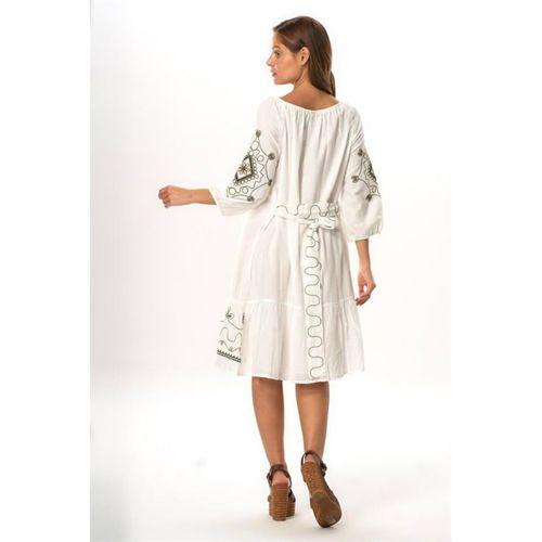 Yarım Kol Vual Yeşim Kemer Detaylı Nakışlı Kısa Yazlık Elbise Beyaz Byz