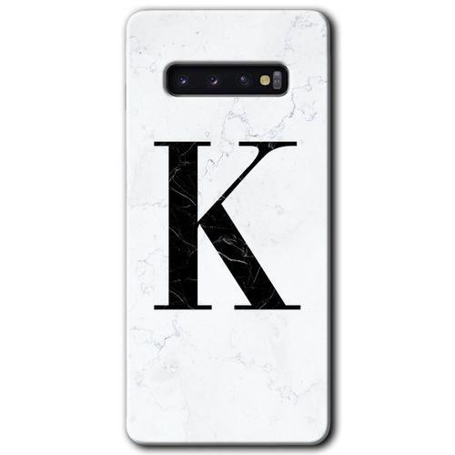 Galaxy S10 Kılıf HD Desen Baskılı Arka Kapak - Beyaz Mermer Desenli K Harfi + Kırılmaz Cam