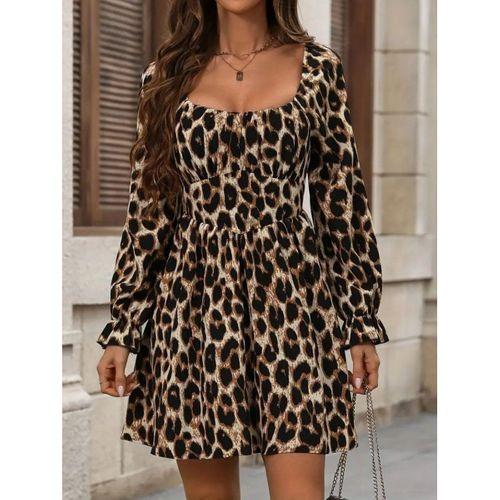Kadın Uzun Kollu Kare Yakalı Leopar Modal Mini Elbise