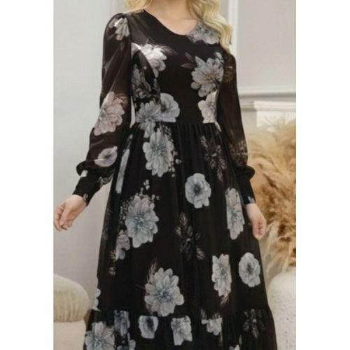 Kadın Uzun Kollu V Yakalı çiçek Desenli Maxi Süprem Elbise