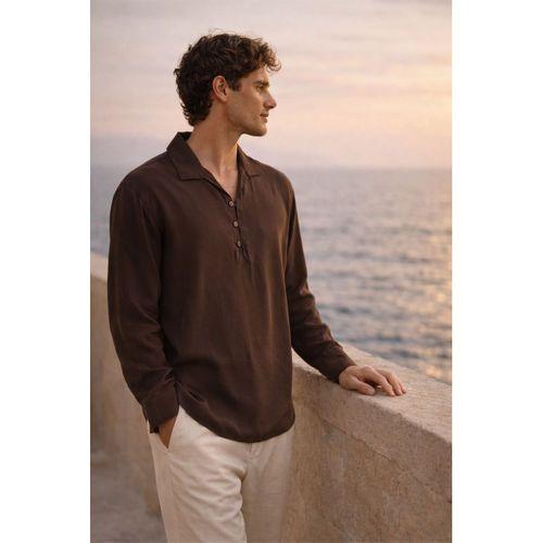 Baldwin Apaş Yaka Britli 3 Düğmeli İnce Modal Kumaş Oversize Uzun Kollu Yazlık Erkek Gömlek - Kahve