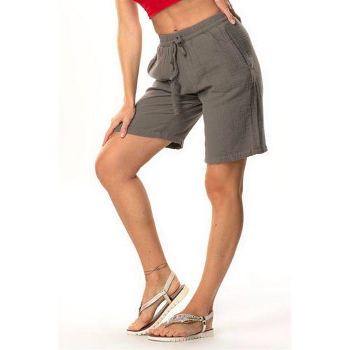 İnci Bağlamalı Uzun Yazlık Müslin Şort Gri Gri