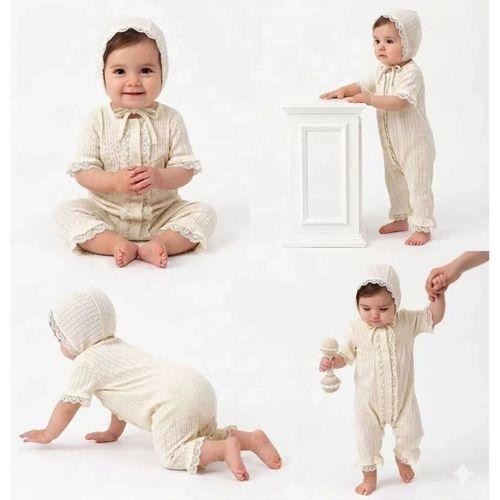 3/12 Ay Şapkalı Dantelli Jakar Kumaş Bebek Tulumu