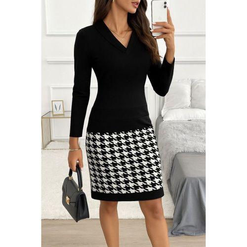 Kadın Uzun Kollu V Yaka Alt Tarafı Desenli Dalgıç Mini Boy Elbise