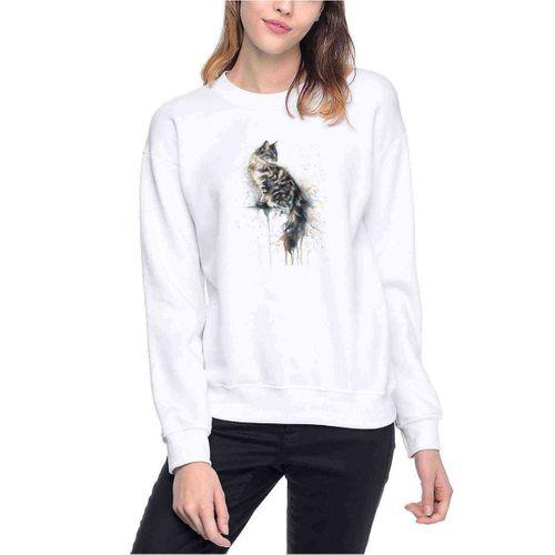 Watercolor Cat Baskılı Beyaz Kadın Sweatshirt