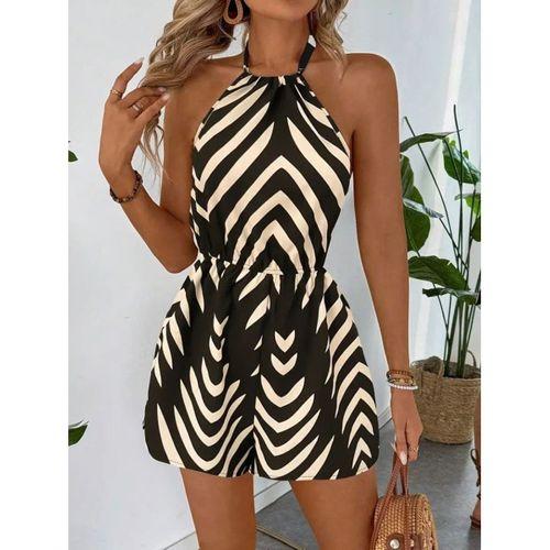 Kadın Boyundan Askılı Halter Yakalı Desenli Süprem Tulum