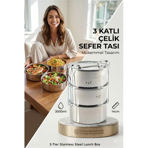 TransForMacion Sefer Tası Yemek Kabı Paslanmaz Çelik 3 Katlı 14 cm 3 LİTRE 721366