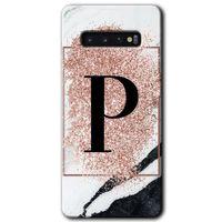 Galaxy S10 Kılıf HD Desen Baskılı Arka Kapak - Pembe Mermer Desenli P Harfi + Kırılmaz Cam
