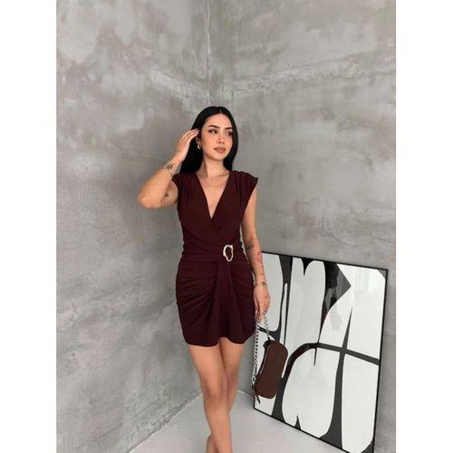 Kruvaze Drapeli Tokalı Mini Elbise Şık Gece Davet Abiye - Kahverengi