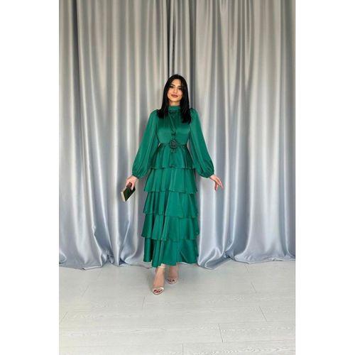 Zümrüt Saten Büzgülü Kat Kat Elbise