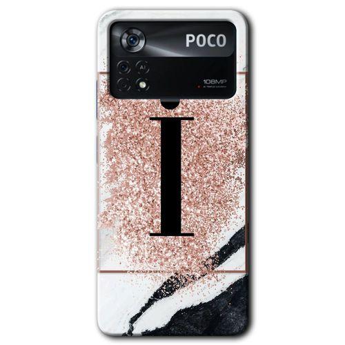 Potkal Hediye Fabrikası Poco x4 Pro Kılıf HD Desen Baskılı Arka Kapak - Pembe Mermer Desenli İ Harfi