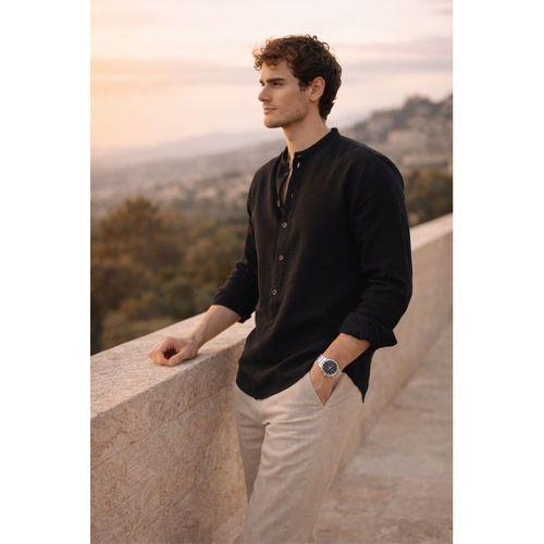 Hafif ve Nefes Alabilir Erkek Müslin Yarım Pat Hakim Yaka Oversize Gömlek - Siyah