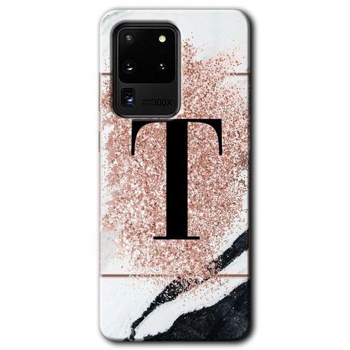 Samsung Galaxy S20 Ultra Kılıf HD Desen Baskılı Arka Kapak + Temperli Cam - Pembe Mermer T Harfi