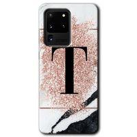 Samsung Galaxy S20 Ultra Kılıf HD Desen Baskılı Arka Kapak + Temperli Cam - Pembe Mermer T Harfi