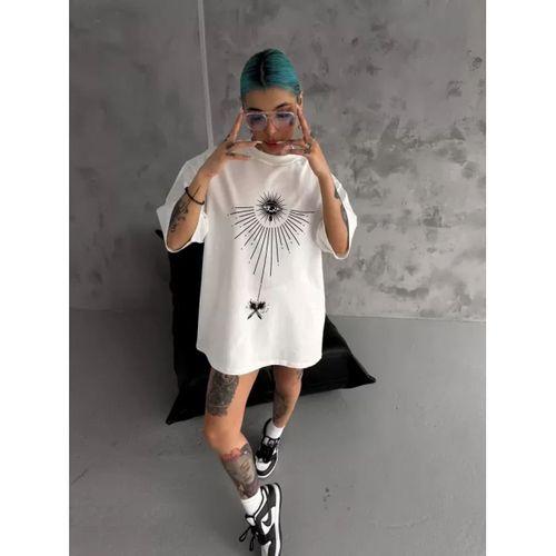 Pilelistore Unisex Bisiklet Yaka Baskılı Oversize T-Shirt - Beyaz