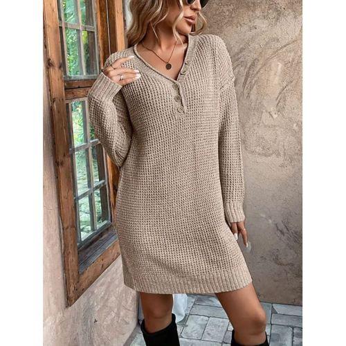 Kadın Uzun Kollu V Yakalı Düğmeli Mini Triko Taş Renkli Elbise