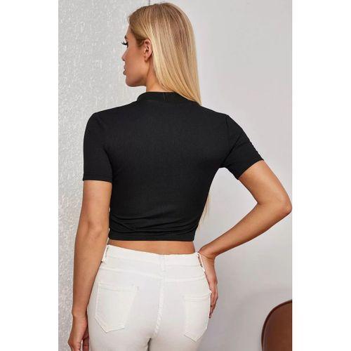Kadın Siyah Yarım Fermuarlı Ve Kısa Kollu Crop Top Bluz