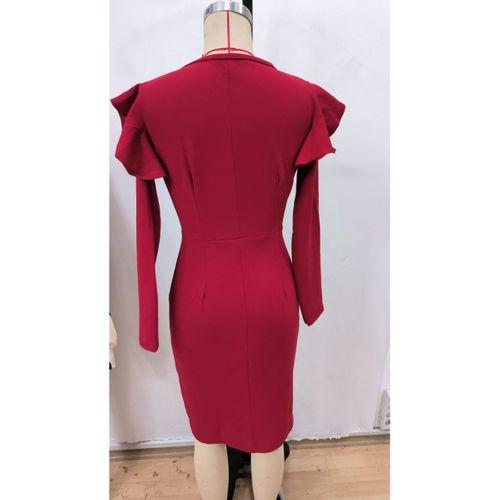 Kadın Uzun Kollu V Yakalı Yandan Yırtmaçlı Midi Ithal Krep Elbise