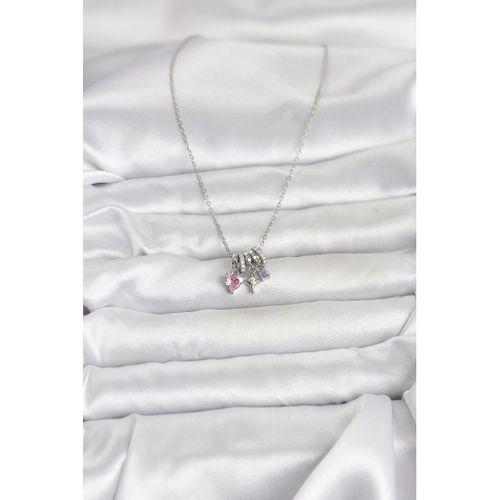 316L Çelik Gümüş Pembe Zirkon Taşlı Charmlı Kadın Kolye