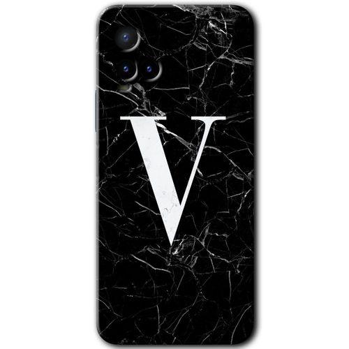 Vivo Y21 Kılıf HD Desen Baskılı Arka Kapak - Siyah Mermer Desenli V Harfi