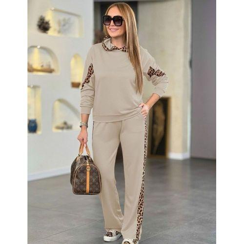 Kadın Uzun Kollu Leopar Detaylı Viskon Iki Iplik Eşofman Takımı