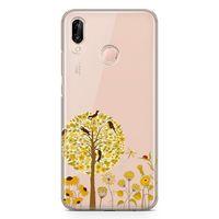 Huawei Nova 3e Kılıf Sarı Ağaç Ve Kuşlar Arka Kapak Koruma Desenli Full Koruyucu