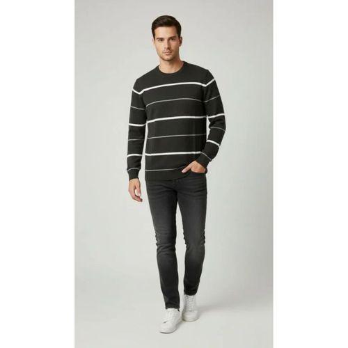 Erkek Bisiklet Yaka Cizgili Triko Kazak Yumuşak Dokulu Pamuklu Ince Dokuma, Uzun Kollu Rahat Regular Kalıp - Füme