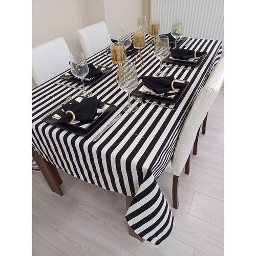 Zeren Home Siyah Beyaz Çizgili Sıvı Geçirmez Dertsiz Masa Örtüsü