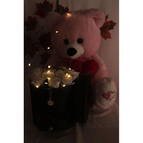 Kutu Dolusu Güller 13 Adet Sevimli Peluş Ayıcık 50cm Altınkaplama Papatya Kolye Sevgiliye Led Işıklı