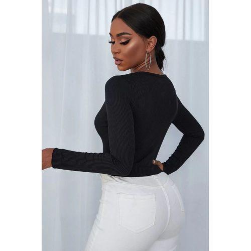 Kadın Siyah Uzun Kollu Düğmeli Göğüs Ve Göbek Dekolteli Crop Top Bluz