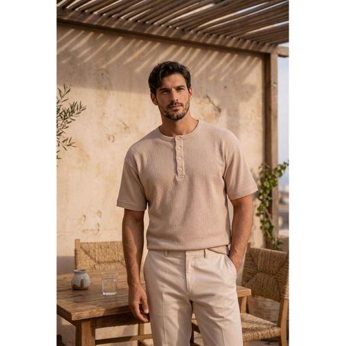 Roth Relaxed Fit Günlük Henley Yaka Waffle Kumaş Yazlık Kısa Kollu T-Shirt - Bej