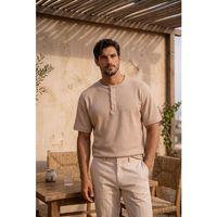 Roth Relaxed Fit Günlük Henley Yaka Waffle Kumaş Yazlık Kısa Kollu T-Shirt - Bej