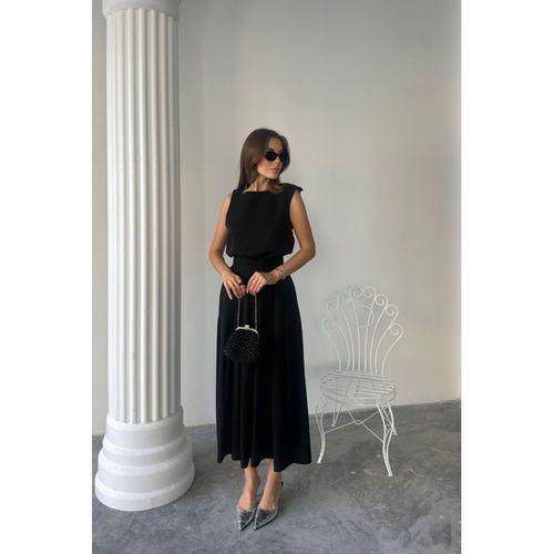 KETEN KOLSUZ BLUZ - MAXİ ETEK TAKIM - Siyah