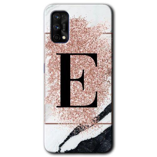 MRCİLETİSİM Realme 7 Pro Kılıf Baskılı Kapak - Pembe Mermer Desenli E Harfi + 5D Tam Kaplayan Cam