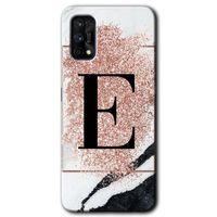 MRCİLETİSİM Realme 7 Pro Kılıf Baskılı Kapak - Pembe Mermer Desenli E Harfi + 5D Tam Kaplayan Cam