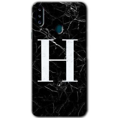 Samsung Galaxy A20s Kılıf Baskılı Kapak - Siyah Mermer Desenli H Harfi + 5D Tam Kaplayan Cam
