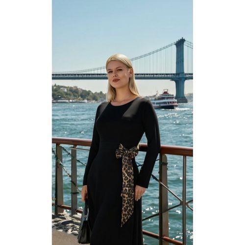 Kadın Bisiklet Yaka Leopar Fiyonk Detay Maxi Boy Elbise