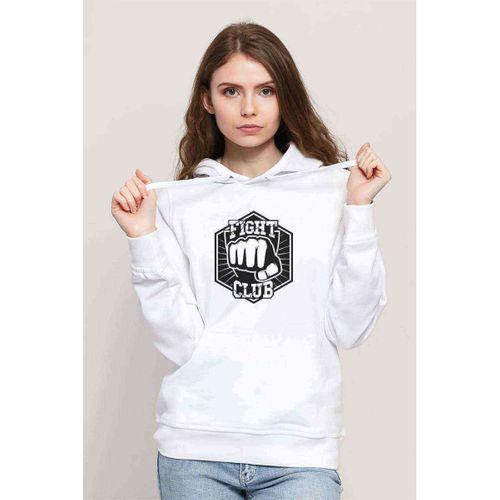 Yumruk Fight Clup Baskılı Beyaz Kadın Kapşonlu Sweatshirt