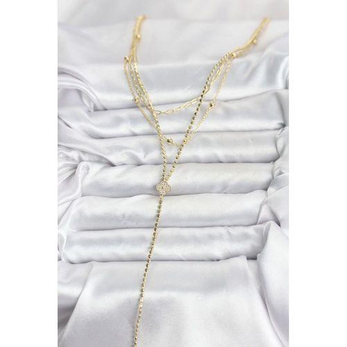 Pirinç Gold Renk Zirkon Taşlı Yonca Model Detaylı 3'lü Kombin Y Kadın Kolye