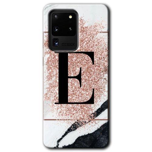 Galaxy S20 Ultra Kılıf HD Desen Baskılı Arka Kapak - Pembe Mermer Desenli E Harfi