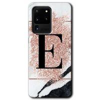 Galaxy S20 Ultra Kılıf HD Desen Baskılı Arka Kapak - Pembe Mermer Desenli E Harfi
