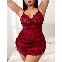 Büyük Beden Bordo Dantel İşlemeli Fırfırlı Gecelik