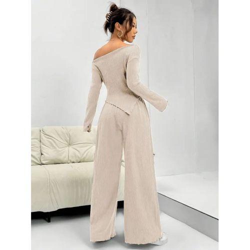 Kadın Uzun Kollu Omuzlardan Açık Asimetrik Kesim Kaşkorse Bluz Ve Pantolon Ikili Pantolon
