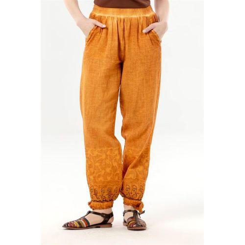 Beli Lastikli İnka Bilekten Bağlamalı Otantik Nakışlı Kadın Poplin Pantolon Hardal Hrd
